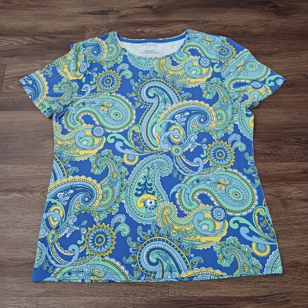 Talbots Womens Blue Green Paisley Cotton Blend Short Sleeve Tee Shirt Size L